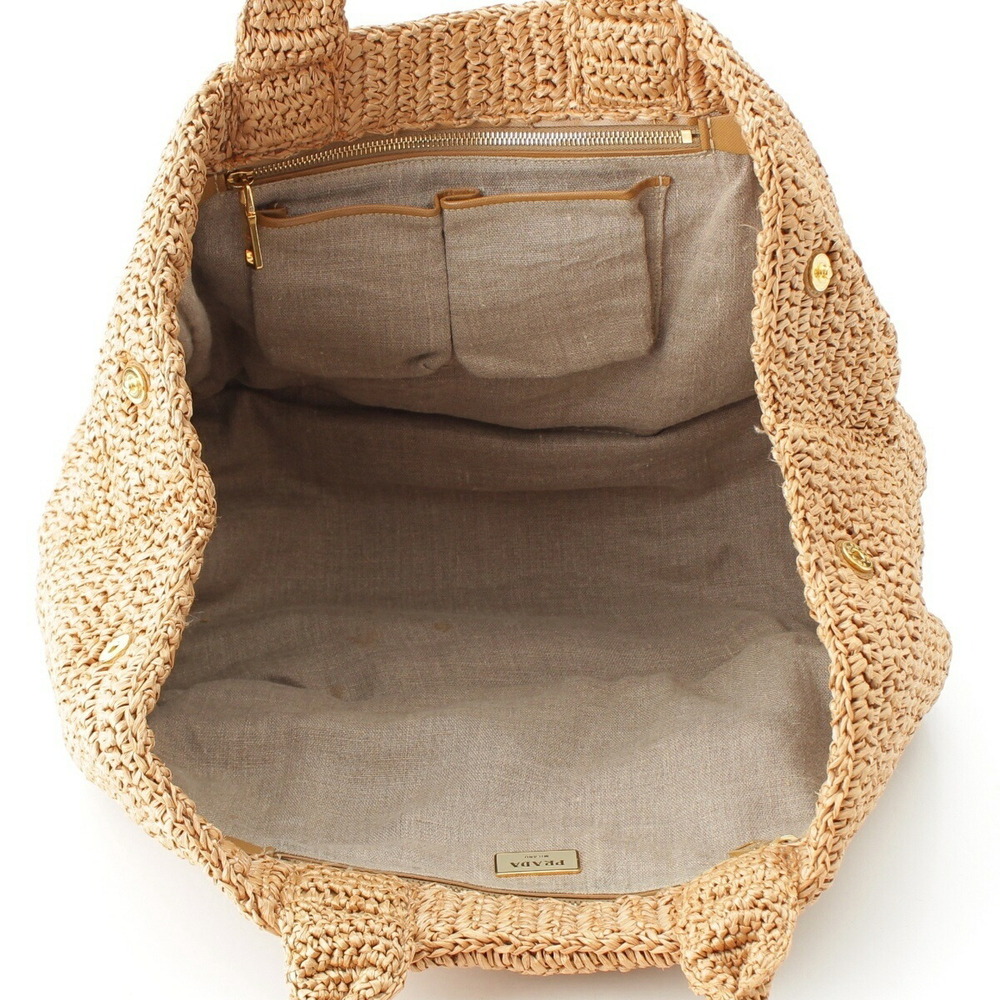 Prada Triangle Tote Raffia Bag Logo Beige Tan Woven - Picture 6 of 10